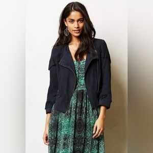 Elevenses Blue Suede Fringed Moto Jacket 0P Navy